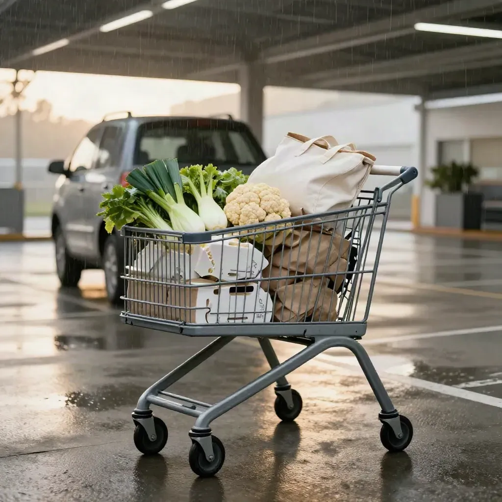 Carrello della spesa in parcheggio coperto con cassette bianche e verdure sotto la pioggia