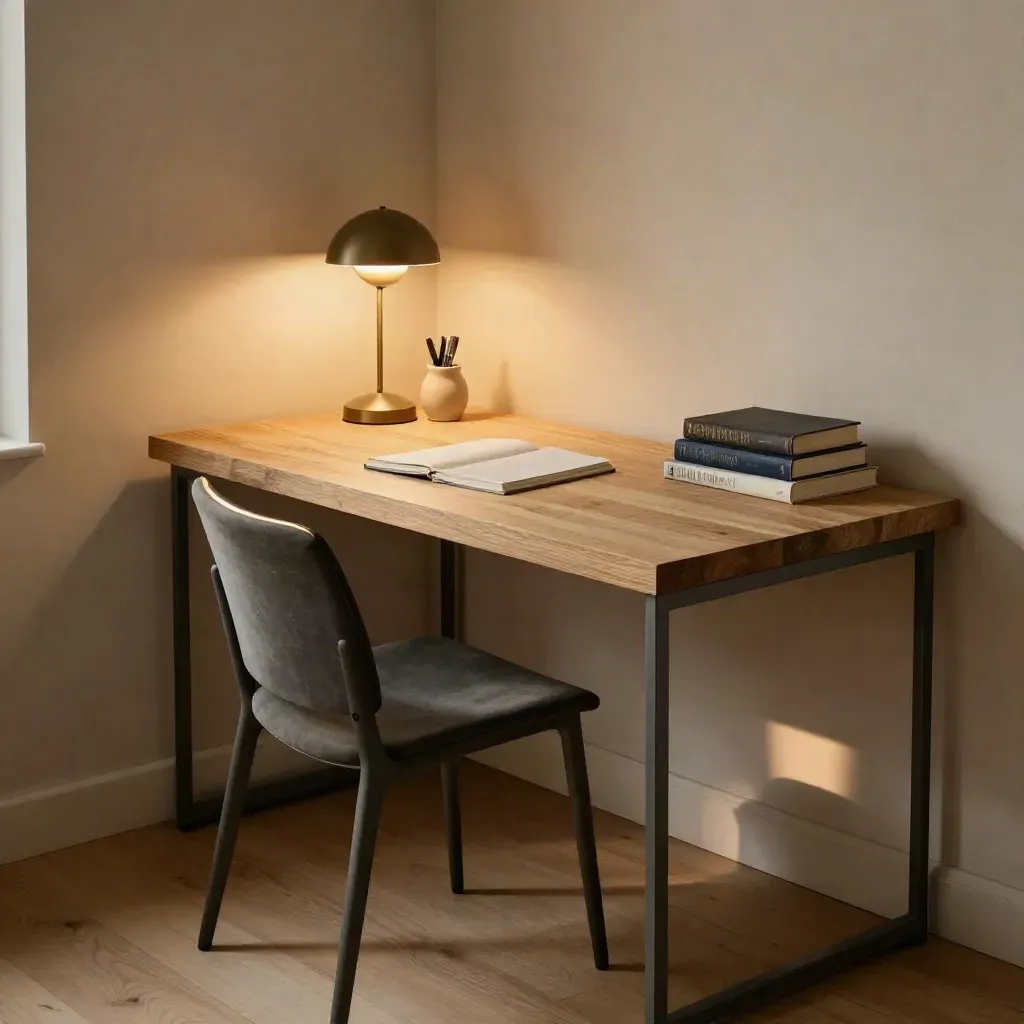 Angolo studio ordinato con scrivania compatta, lampada spenta, libri e sedia al tardo pomeriggio.