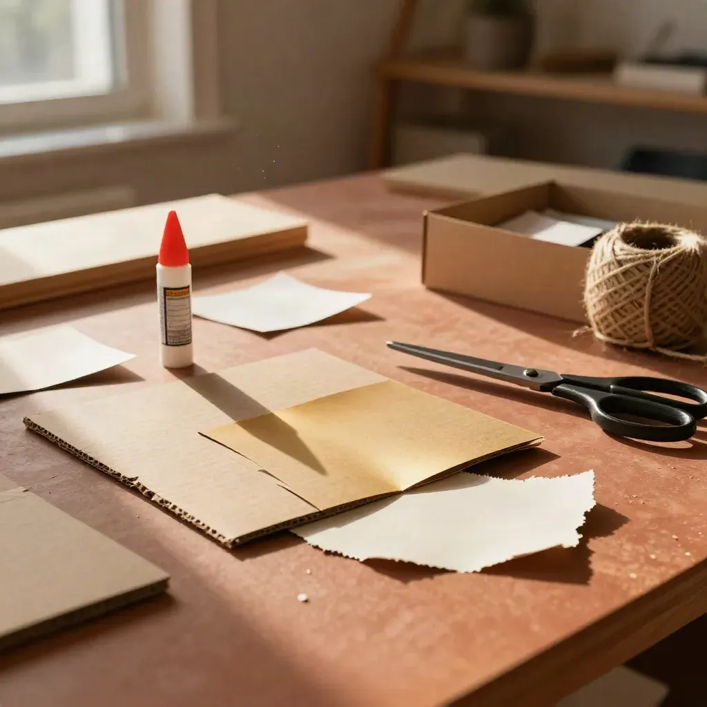 Tavolo da bricolage con cartoncini, colla, forbici e cordino alla luce del pomeriggio.