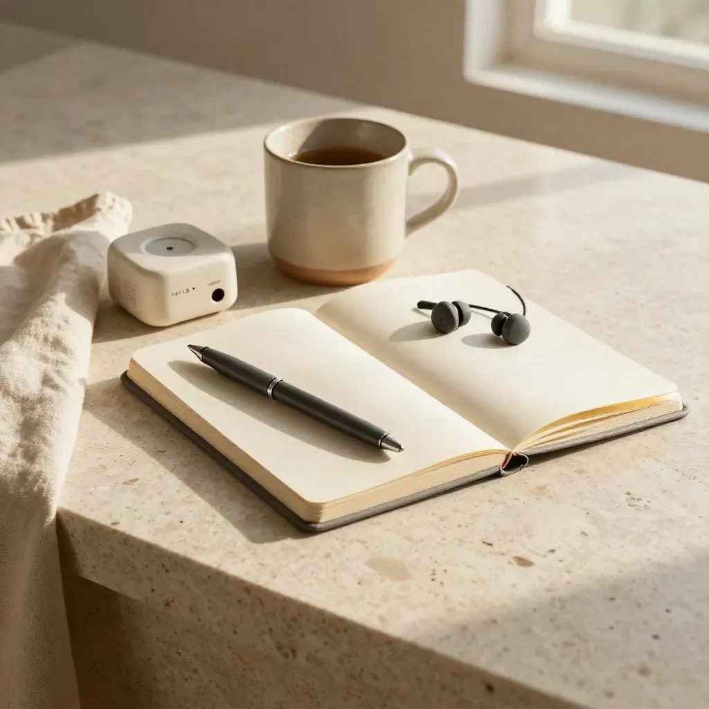 Scrivania in travertino con quaderno chiuso, auricolari, timer e tazza opaca in luce morbida