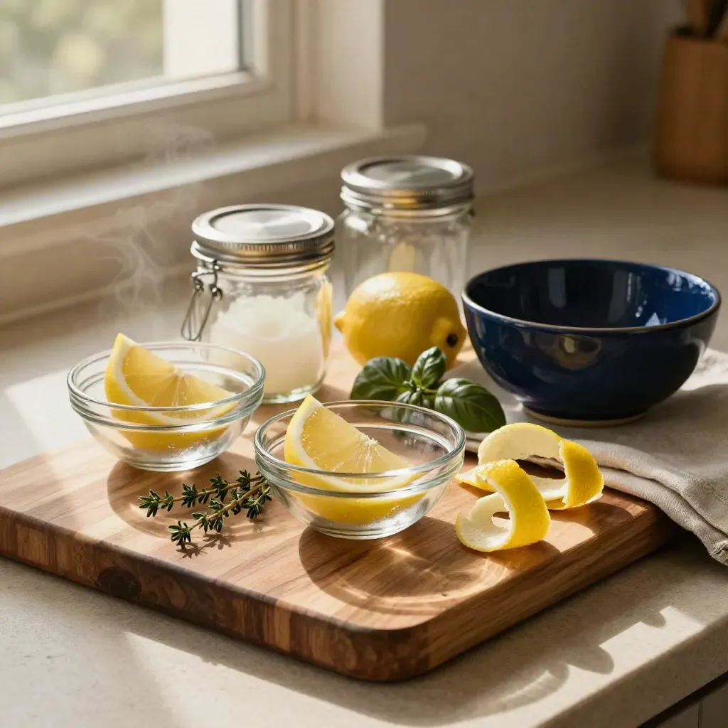 Tagliere con limoni, erbe, ciotole di vetro, barattoli e canovaccio in cucina.