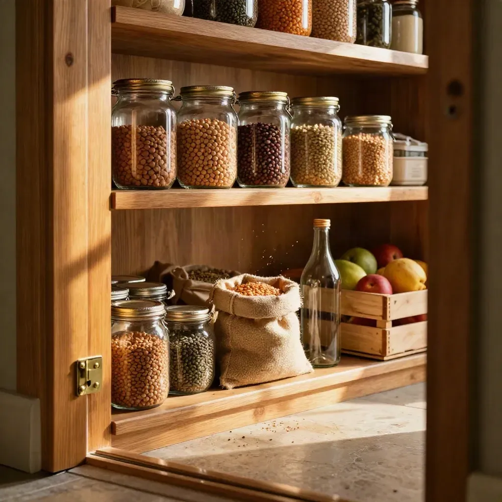 Dispensa domestica con barattoli, legumi sfusi, bottiglia ricaricabile e frutta dopo la spesa
