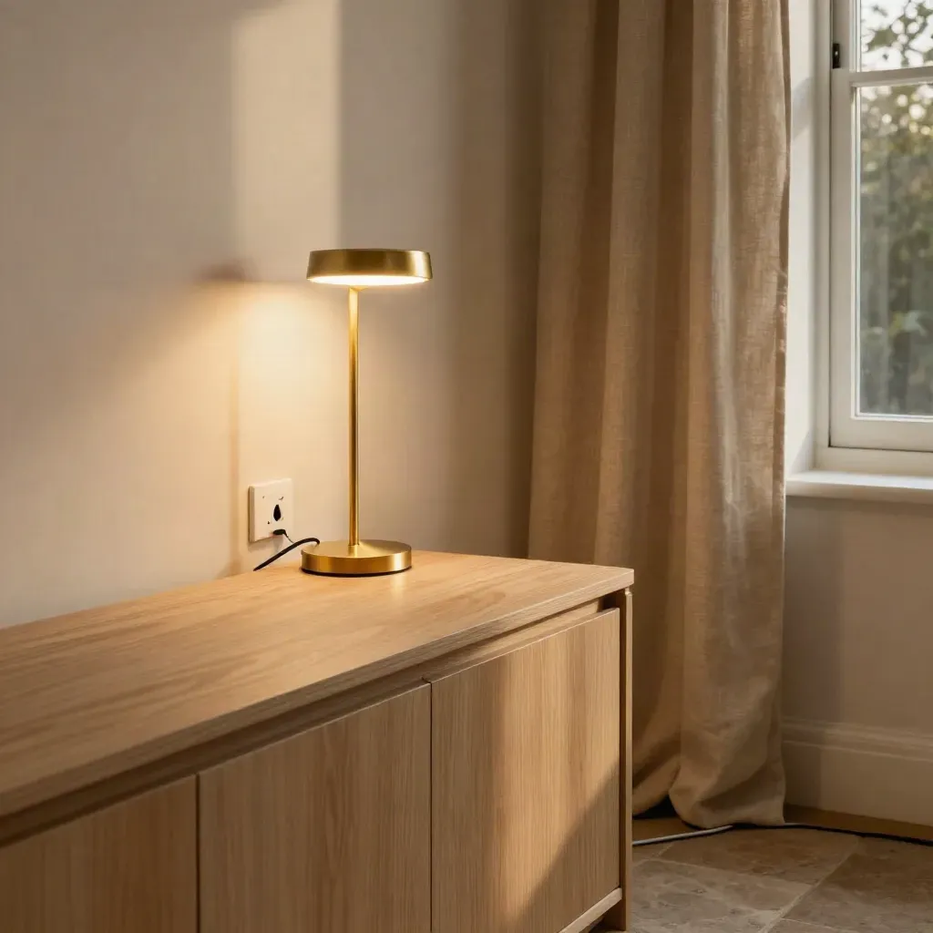 Angolo di casa con lampada LED, ciabatta nascosta e finestra chiusa con tenda pesante.