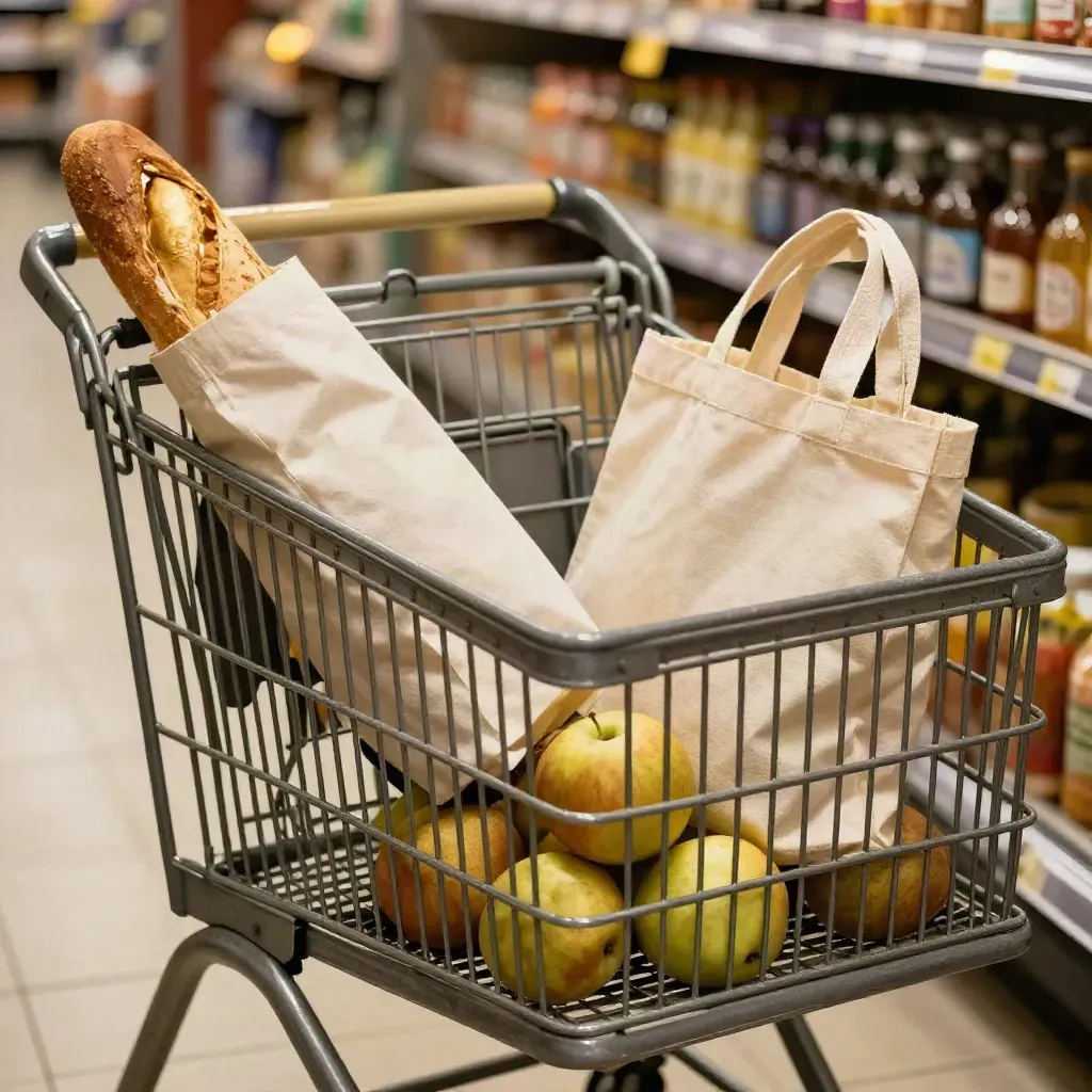 Carrello della spesa con borse riutilizzabili, frutta sfusa e pane avvolto in carta, in corsia sfocata.