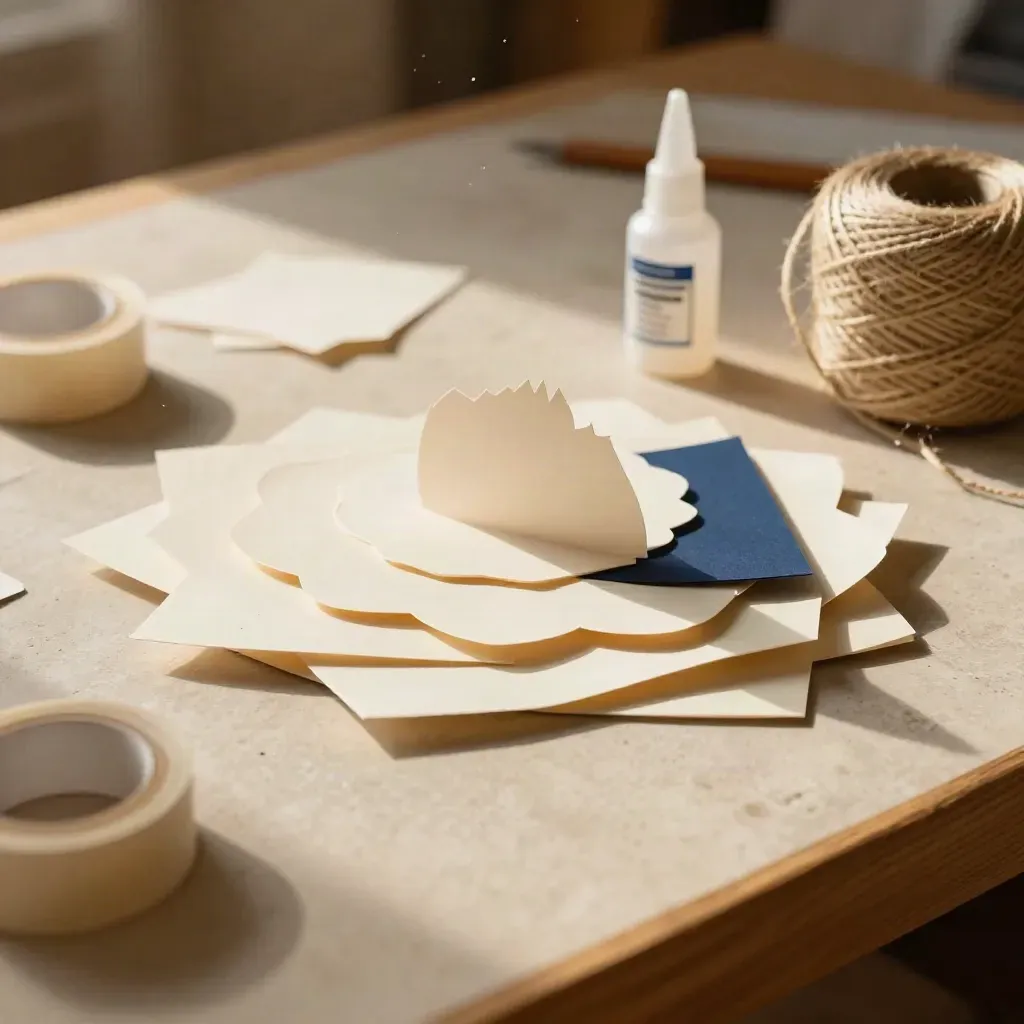 Tavolo creativo con carta avorio, colla e spago, illuminato da luce morbida.