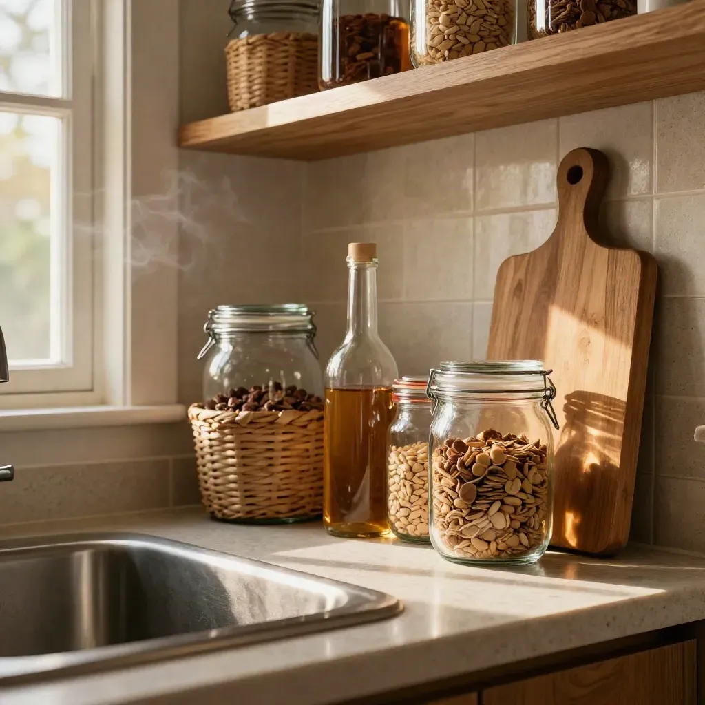 Dispensa ordinata in cucina con cestini, barattoli e bottiglie accanto al lavello, luce calda.