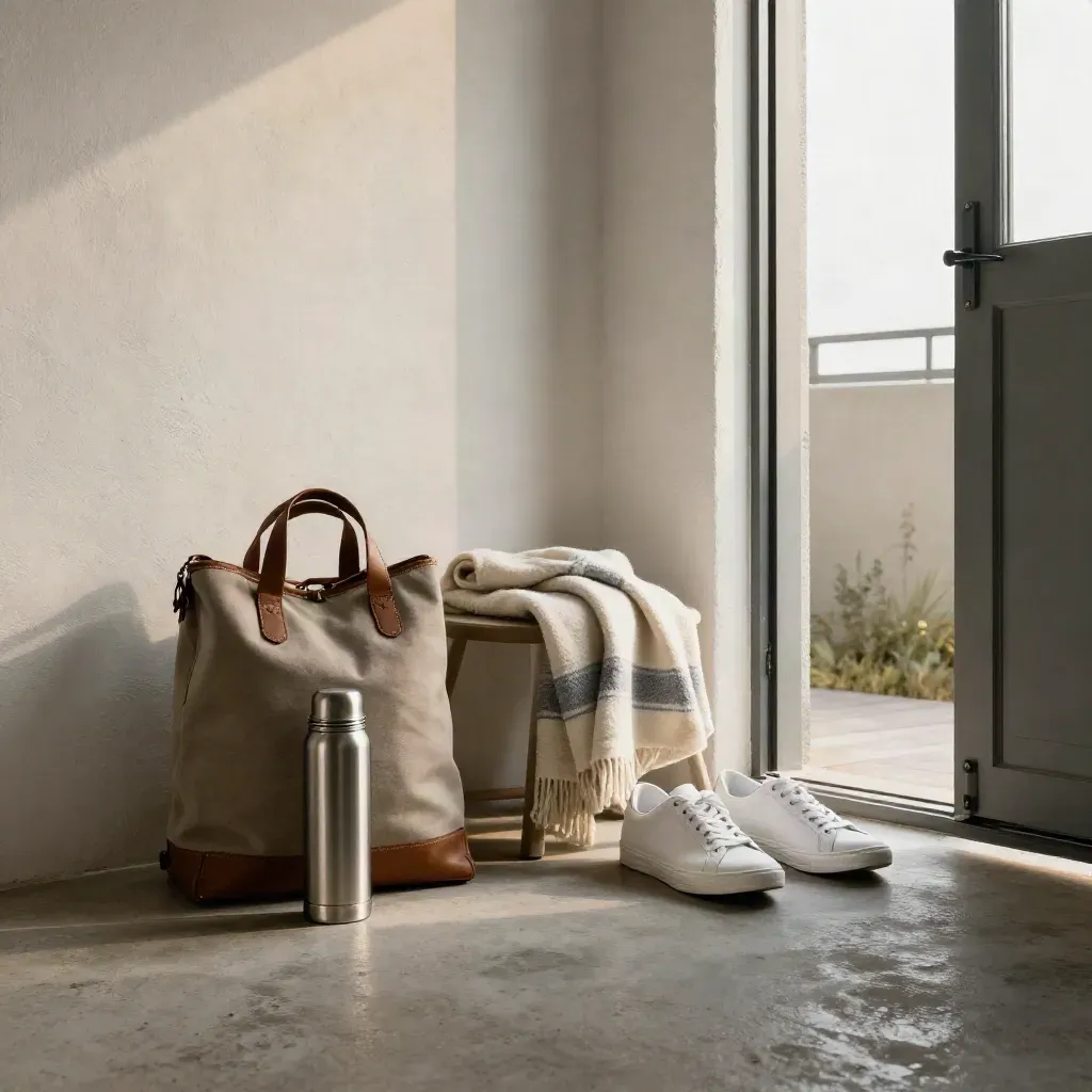 Portico con borsa da weekend, thermos, plaid piegato e scarpe bianche vicino alla porta
