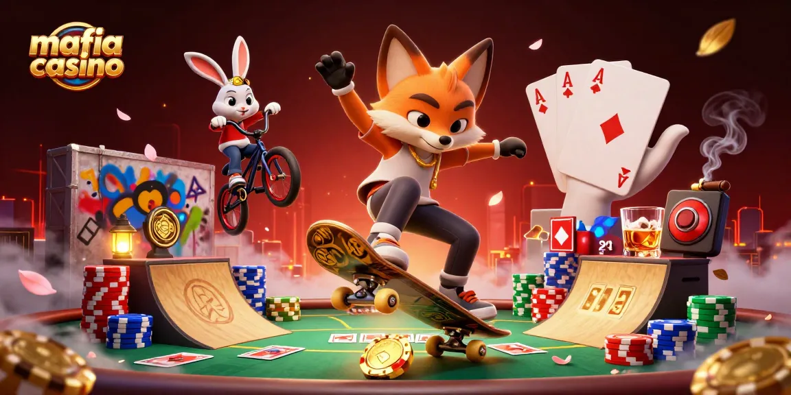 Mafia casino action scene with skateboarder fox and BMX rabbit amidst vibrant casino elements.
